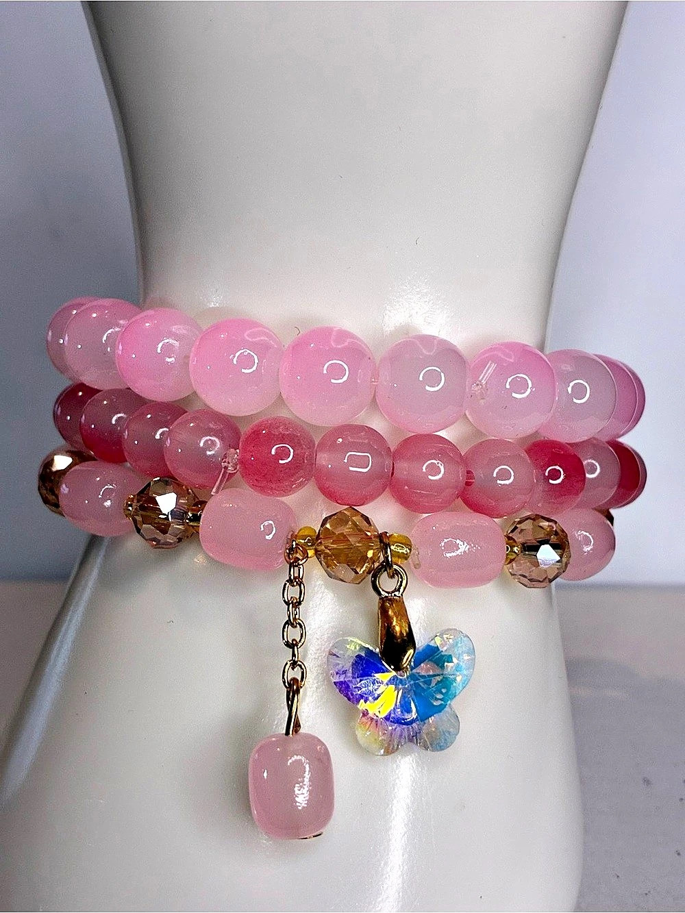 Pink Glass Beaded Charm Bracelet Stack New Without Tags